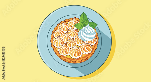 Homemade lemon meringue pie with fresh mint on plate, perfect for baking blog or dessert menu