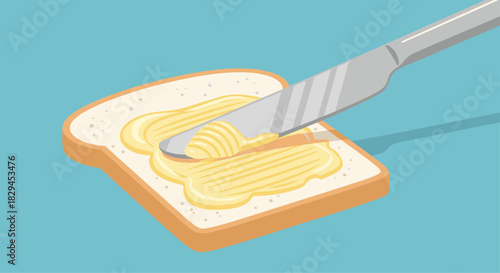 Buttering toast with a knife for a delicious breakfast snack on a blue table, perfect for food blogs and morning routines