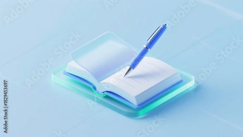 Futuristic transparent material blue, white and green color pen writing on an open book icon.