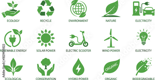 Green Energy and Ecology Icon Set: Sustainable Environment, Renewable Power, Nature Conservation, Recycling, Biodegradable, Solar, Wind, and Hydro Technologies for a Clean Future.