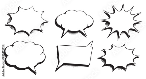 six black and white comic book style speech bubbles 
