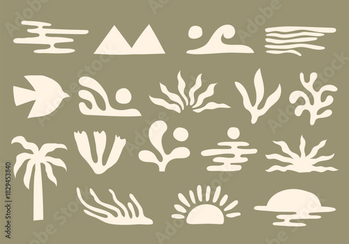 Hand drawn summer nature doodle elements including sun palm tree and ocean waves on sage green background
