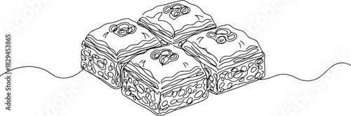 Detailed line art illustration of traditional Turkish baklava de