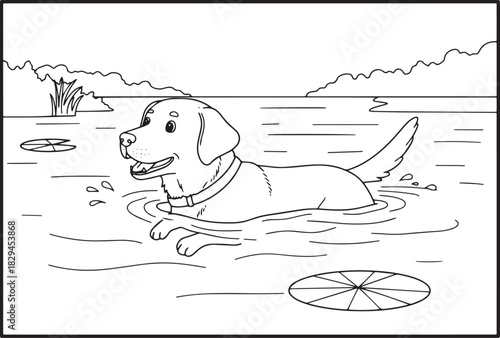 Playful Labrador Swimming in a Calm Lake with Lily Pads Black an