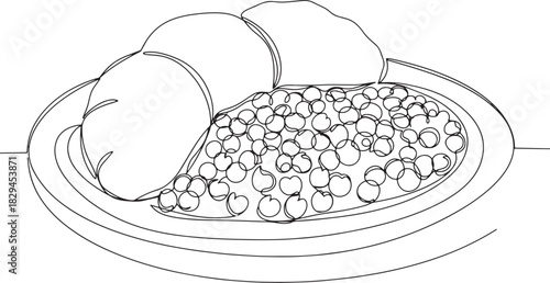 Continuous line drawing capturing a plate of trinidadian doubles