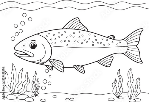 Cartoon Salmon Coloring Page with Underwater Scene Ready to Prin