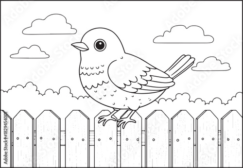 Charming Thrush Bird Perched on a Wooden Fence Coloring Page for