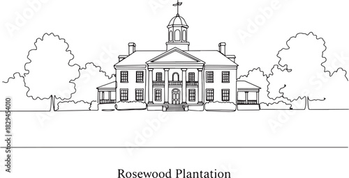 Elegant line drawing of a classic southern mansion with lush gre