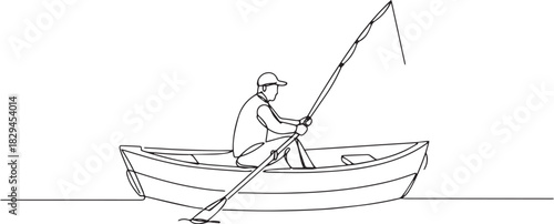 Single continuous line art of a man rowing a boat and fishing si