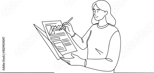 Focused woman reviewing business data reports with a pen, line d