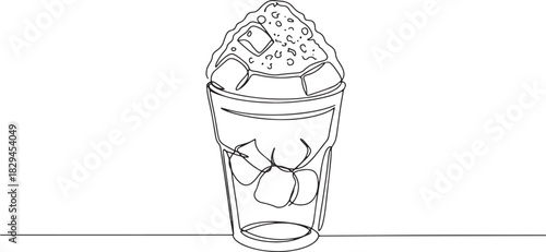 Single line drawing of shaved ice dessert with ice cubes in a gl