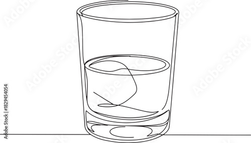 Minimalist continuous line drawing of whiskey glass with ice, si