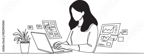 Single line drawing of a woman working at her laptop surrounded