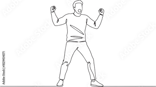 Continuous line drawing of a jubilant man expressing overwhelmin