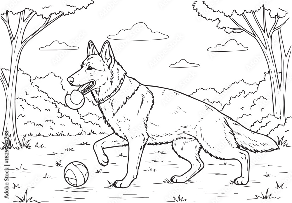 Fototapeta premium Detailed line art of a German Shepherd dog playing with a ball i