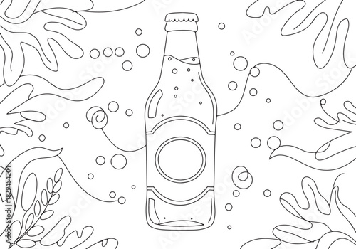 Elegant Beer Bottle Illustration with Bubbles and Decorative Alg