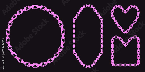 Pink chain frames circle oval heart and m shape on black background