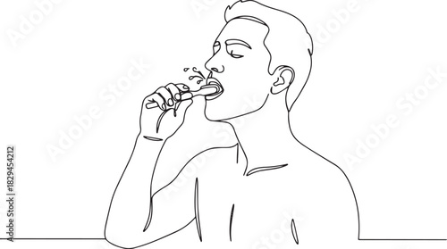 Continuous line drawing of a man during oral hygiene routine mom