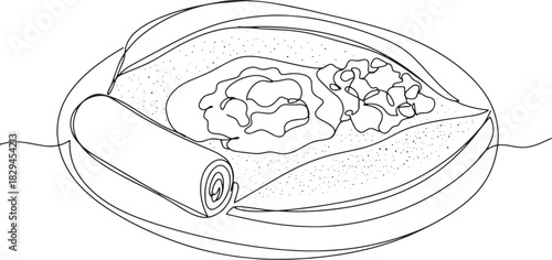 Minimalist line art showcasing traditional injera with stew, a c