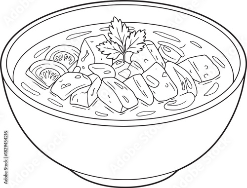 Detailed line art illustration of Thai red curry dish in bowl re