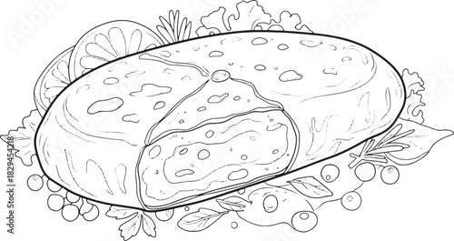 Detailed monochrome line art of veal cutlet with lemon garnish a