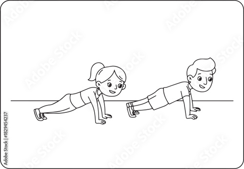Cartoon outline of a couple doing pushups together for exercise
