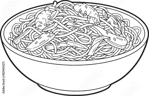 Detailed monochrome illustration of a bowl of chow mein, perfect