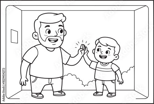 Happy dad and son high five line art illustration for coloring b