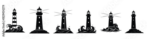 six different lighthouse silhouettes isolated on white
