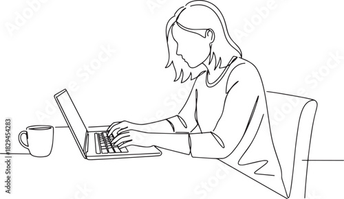Continuous line drawing depicts a woman working on laptop with c