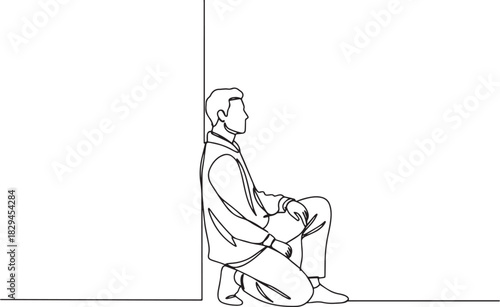 Continuous line drawing of thoughtful man resting against the wa