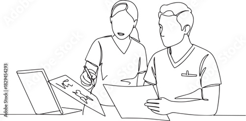 Continuous line art of medical professionals discussing a patien