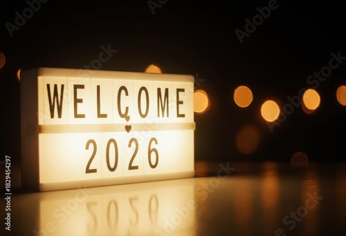 Illuminated welcome sign for 2026 with glowing lights in background