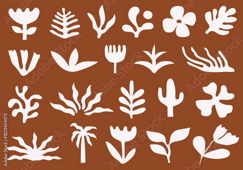 Set of white hand drawn abstract botanical flowers and leaf shapes on terracotta background for boho pattern or branding