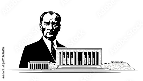 Mustafa Kemal Ataturk and Anitkabir Mausoleum Illustration.
