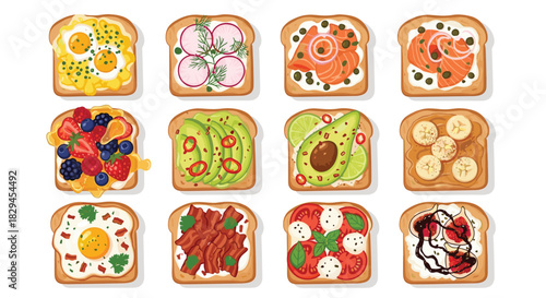Colorful toast selection offering delicious breakfast options with avocado, egg, salmon, and berries for a healthy lifestyle