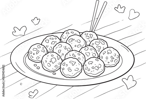 Detailed black and white illustration of hearty meatballs on a p