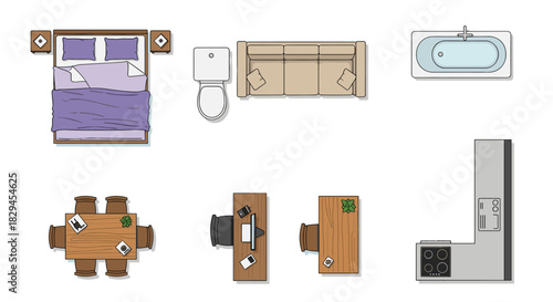 Elegant home floor plan layout shows bedroom bathroom living dining kitchen furniture top view