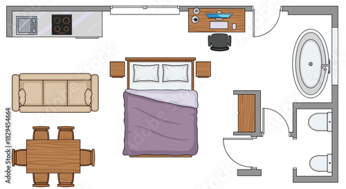 Stunning studio apartment floor plan showcasing modern living with integrated kitchen, bath, living, and bedroom spaces