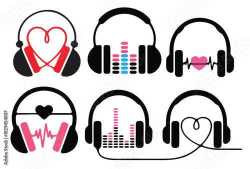 Six Stylish Headphones Icons with Different Audio Visualizations