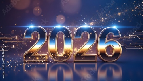 Happy New Year 2026 sign on glossy surface with futuristic lighting effect
