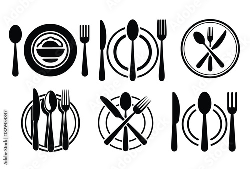 Six Simple Black and White Restaurant Place Settings Illustrations