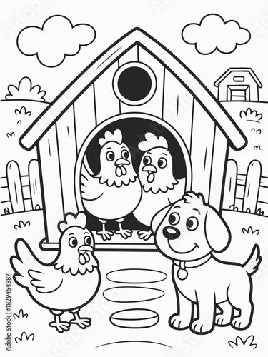 Cartoon Farm Scene with Dog and Chickens in Coop