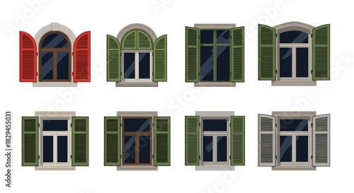 Charming collection of window illustrations with colorful shutters for architecture and design projects
