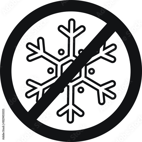 vector icon showing a snowflake crossed out inside a prohibition circle. Clean and simple design ideal for weather warnings, anti-freeze labels, climate signs, packaging indicators