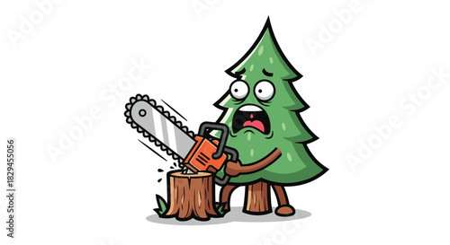 Cartoon fir tree character with chainsaw about to cut a stump, expressing fear and environmental concern, forestry