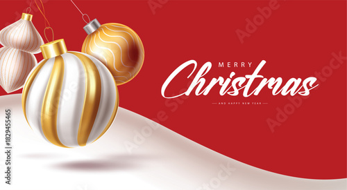 Festive Christmas design featuring gold and white hanging ornaments over a red and white background. Ideal for holiday cards, greetings, banners, and seasonal posts.