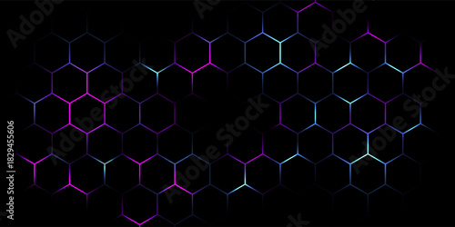 Dark hexagon abstract technology background with blue and pink colored bright flashes under hexagon. Hexagonal gaming vector abstract tech background.