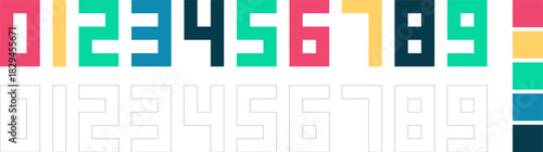 Colorful geometric pixel numbers set with modern block style digits and matching palette