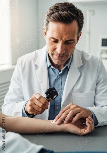 Male doctor examining skin with dermatoscope in medical office  